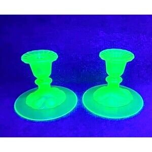 Vtg RARE Green Uranium Depression Glass Pair of Candlestick Holders Fruit Base
